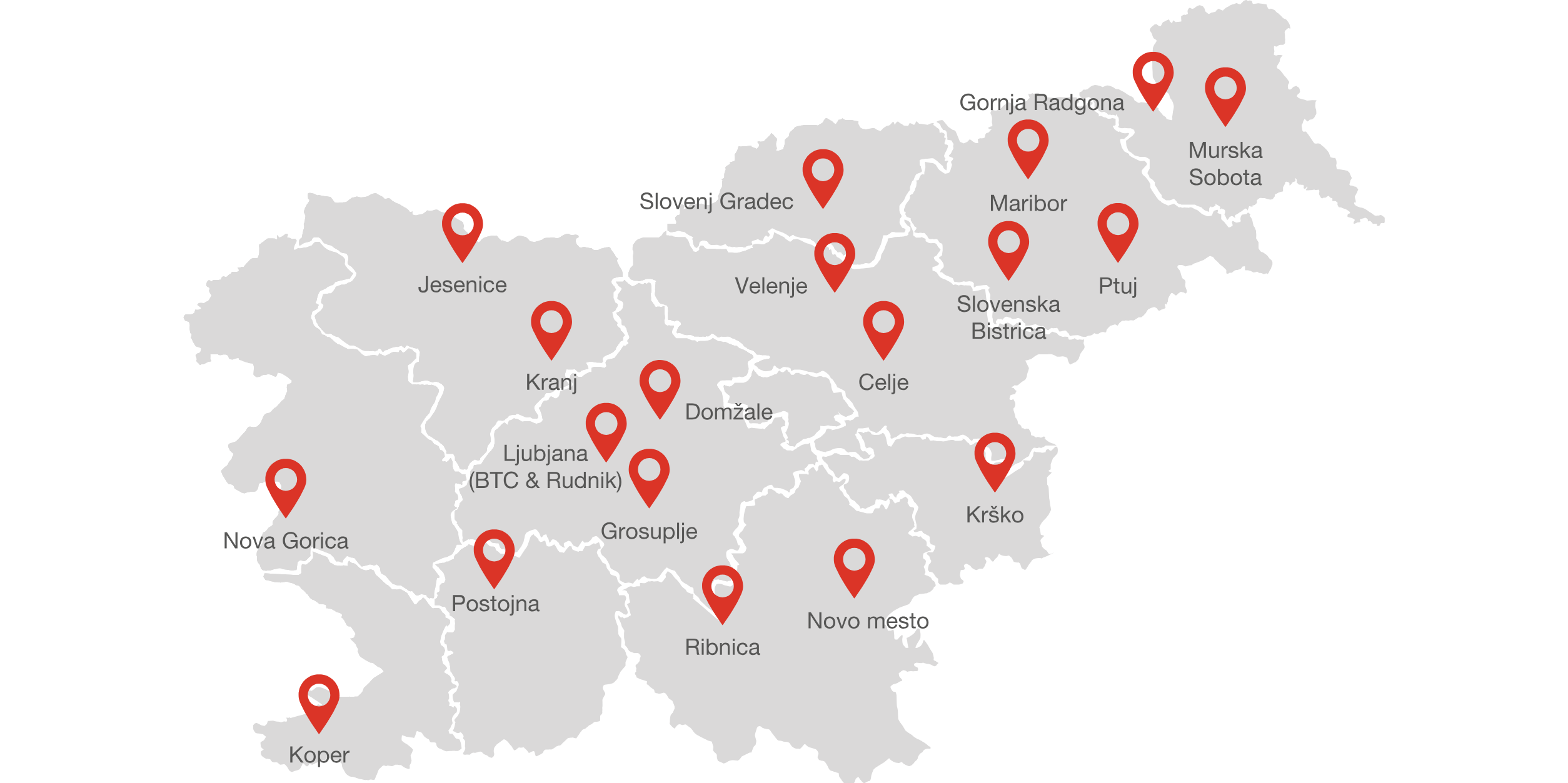 Zemljevid Slovenije z označenimi kraji, kamor pridemo: od Kopra do Murske Sobote